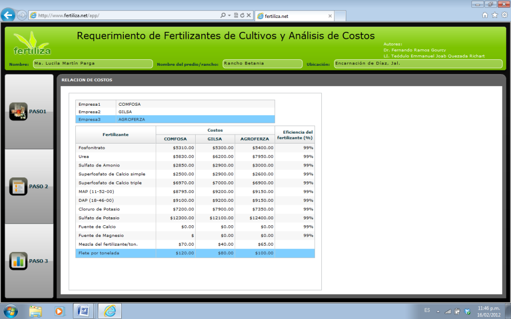 Segundo paso: Captura de nombres de tres empresas comercializadoras de fertilizantes y los costos de los productos.